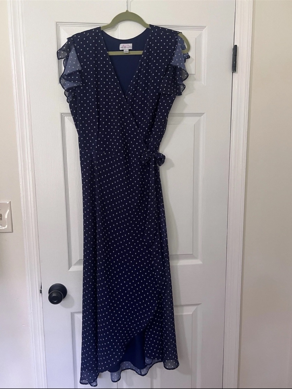 NY&Co-Sweet Pea Navy Polka Dot Wrap Midi Dress - Flutter Sleeve L